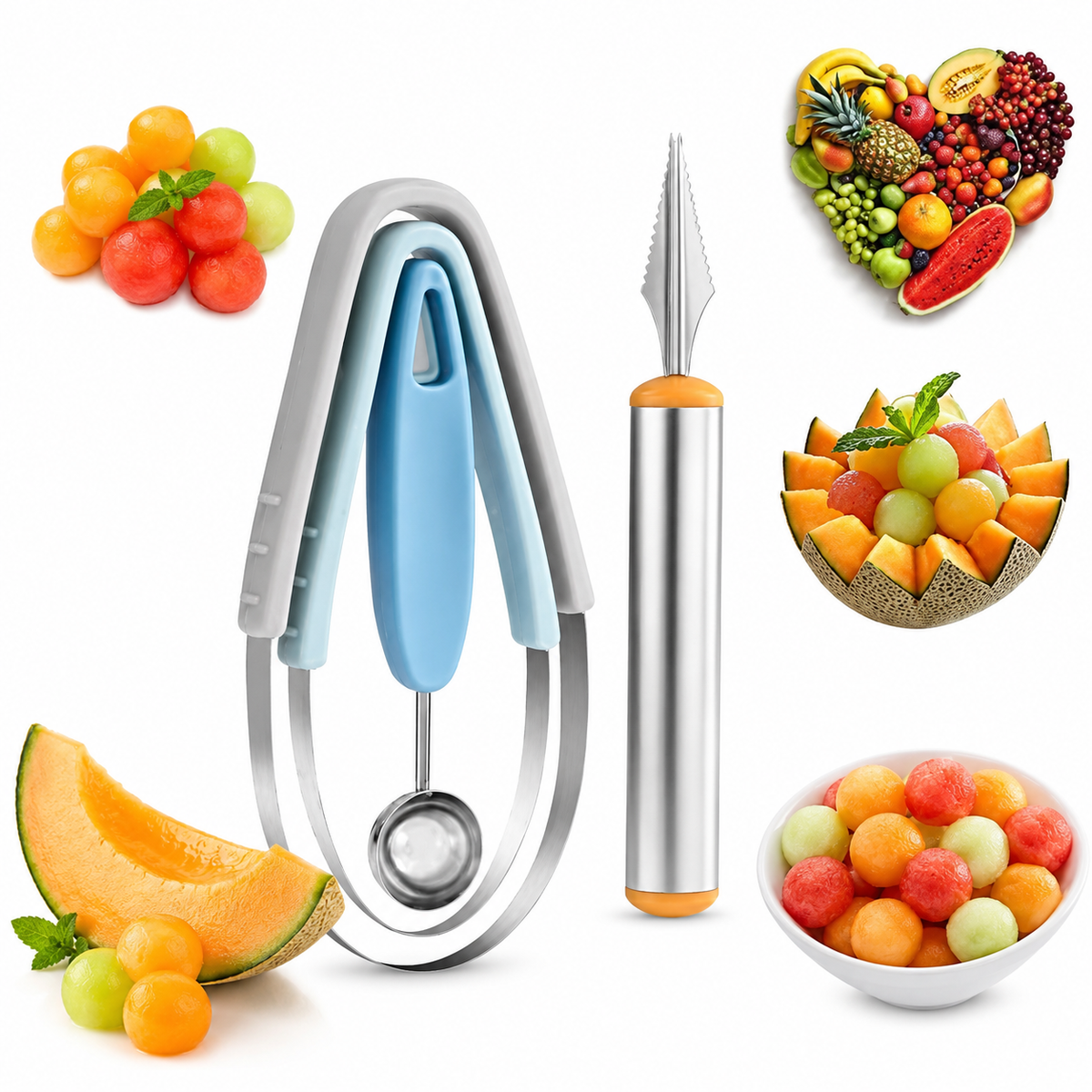 4PCS Fruit Scoop & Watermelon Cutter Set – Melon Baller Carving Tools
