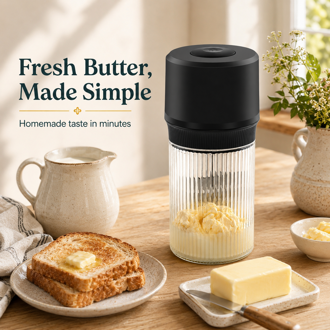 Electric butter churner making fresh homemade butter on a kitchen counter with toast and butter