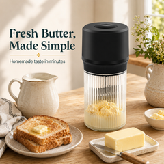 Electric butter churner making fresh homemade butter on a kitchen counter with toast and butter