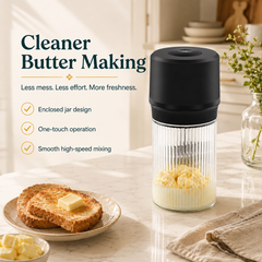 Electric butter churner with enclosed jar design for cleaner, mess-free homemade butter making