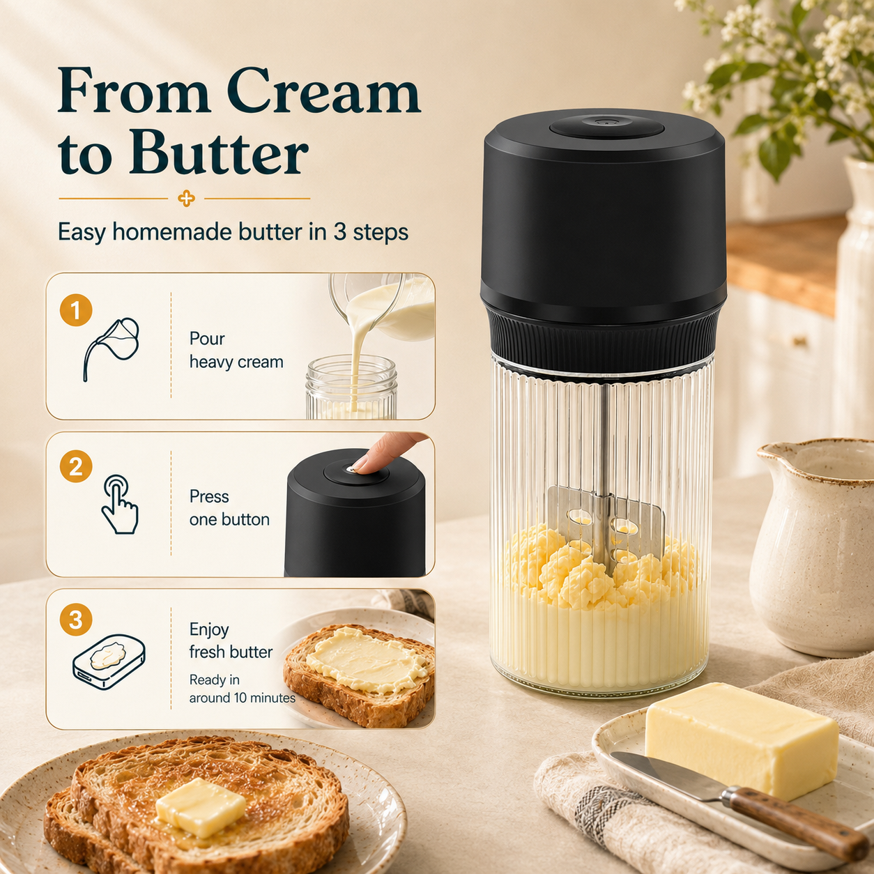 Cutaway of electric butter churner showing brushless motor, stainless steel paddle and 34oz glass jar