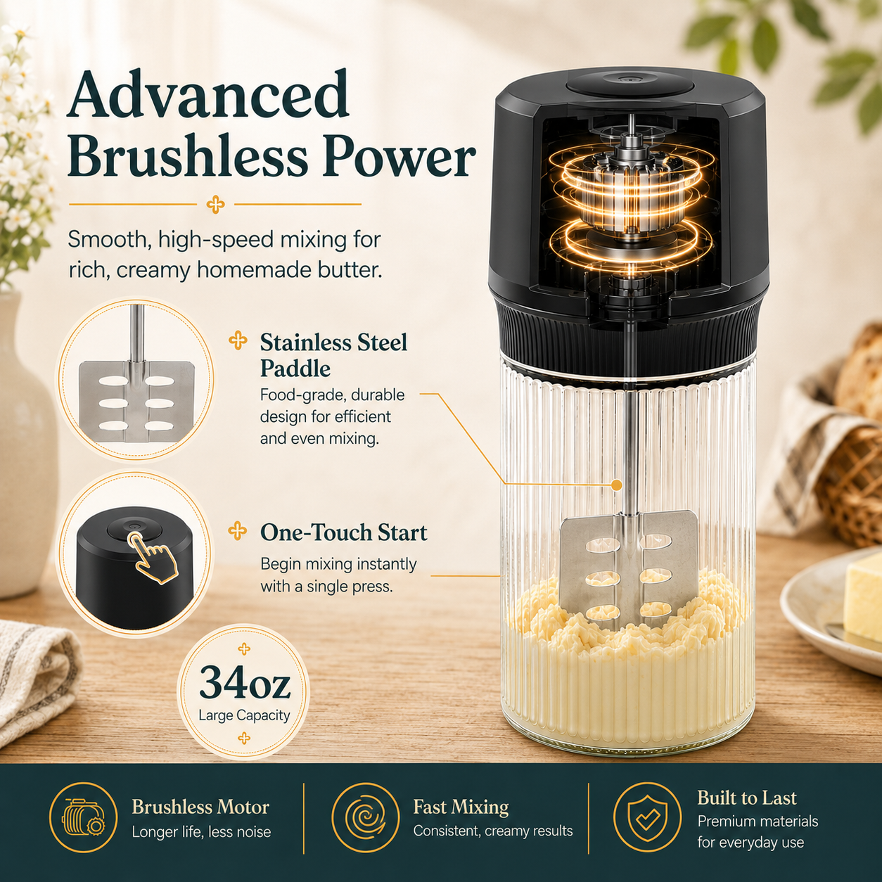 Easy one-touch electric butter churner compared to messy manual butter making