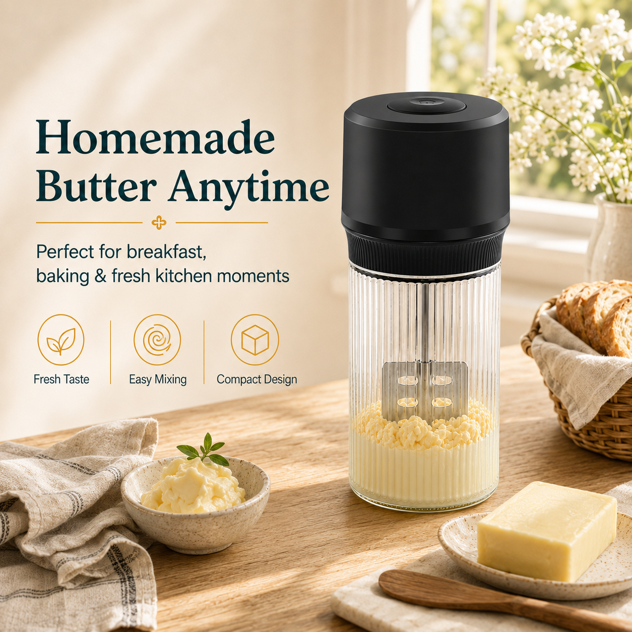 Electric butter churner with fresh homemade butter, ideal for breakfast and baking
